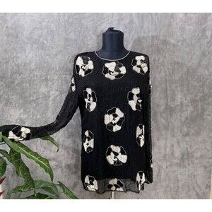 Heavily Beaded Sequined Blouse Top Women’s Medium 100% Silk Floral Black Evening
